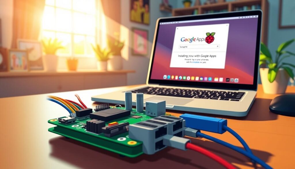 A Raspberry Pi setup on a wooden desk, prominently displaying the installation process of Google Apps on its screen. In the foreground, a close-up of the Raspberry Pi board with colorful wires connected to it, showcasing a modern home office environment. The middle ground features a laptop open next to the Raspberry Pi, displaying the Google Apps installation page, with vibrant desktop icons. In the background, a softly lit room with bookshelves and a plant, giving a cozy atmosphere. The lighting is warm and inviting, with natural sunlight streaming through a nearby window. The overall mood is focused and tech-savvy, depicting the excitement of enhancing Raspberry Pi with Google Apps.