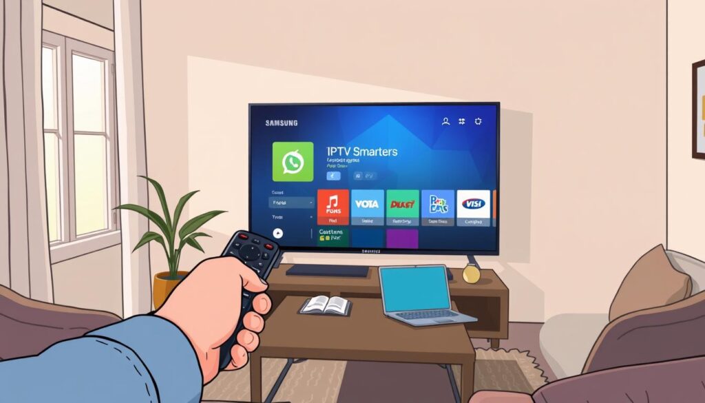 A Samsung Smart TV prominently displayed in a cozy living room setting, with a focused view of the TV screen showcasing the IPTV Smarters application interface. In the foreground, a user is shown attentively holding a remote control, dressed in casual yet professional attire, highlighting the interactive installation process. In the middle background, a stylish coffee table with placed instructional booklets and a laptop open beside the TV, suggesting a tech-savvy atmosphere. Soft, natural lighting pours in through a window, creating a warm and inviting mood. The angle is from slightly below eye-level, emphasizing the user’s engagement with the Smart TV, while keeping the room clutter-free to maintain focus on the installation process. The overall atmosphere is one of ease and accessibility in technology. A Samsung Smart TV prominently displayed in a cozy living room setting, with a focused view of the TV screen showcasing the IPTV Smarters application interface. In the foreground, a user is shown attentively holding a remote control, dressed in casual yet professional attire, highlighting the interactive installation process. In the middle background, a stylish coffee table with placed instructional booklets and a laptop open beside the TV, suggesting a tech-savvy atmosphere. Soft, natural lighting pours in through a window, creating a warm and inviting mood. The angle is from slightly below eye-level, emphasizing the user’s engagement with the Smart TV, while keeping the room clutter-free to maintain focus on the installation process. The overall atmosphere is one of ease and accessibility in technology.