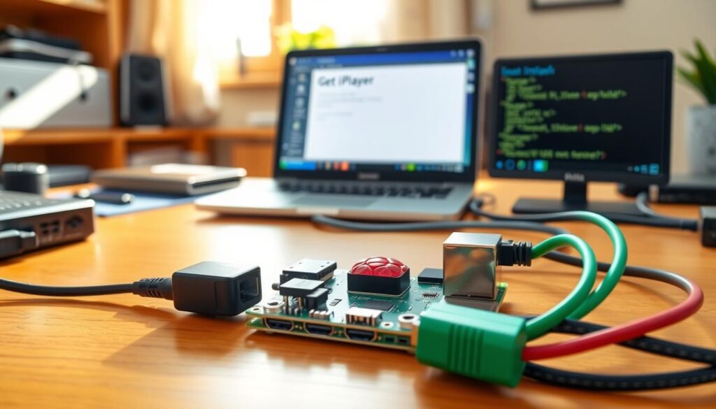 A close-up shot of a Raspberry Pi set up on a wooden desk, surrounded by essential accessories like a power supply, HDMI cable, and a small monitor displaying the Get iPlayer installation interface. The foreground has a neatly arranged Raspberry Pi with colorful wires connecting to it, emphasizing its intricate design. In the middle, a laptop slightly out of focus shows a coding environment open for installation commands. The background features a cozy workspace with natural light streaming in from a nearby window, creating a warm and inviting atmosphere. The focus is on the Raspberry Pi installation process, capturing a sense of innovation and technology. The lighting is bright yet soft, enhancing the details without harsh shadows, perfect for illustrating the installation guide. A close-up shot of a Raspberry Pi set up on a wooden desk, surrounded by essential accessories like a power supply, HDMI cable, and a small monitor displaying the Get iPlayer installation interface. The foreground has a neatly arranged Raspberry Pi with colorful wires connecting to it, emphasizing its intricate design. In the middle, a laptop slightly out of focus shows a coding environment open for installation commands. The background features a cozy workspace with natural light streaming in from a nearby window, creating a warm and inviting atmosphere. The focus is on the Raspberry Pi installation process, capturing a sense of innovation and technology. The lighting is bright yet soft, enhancing the details without harsh shadows, perfect for illustrating the installation guide.