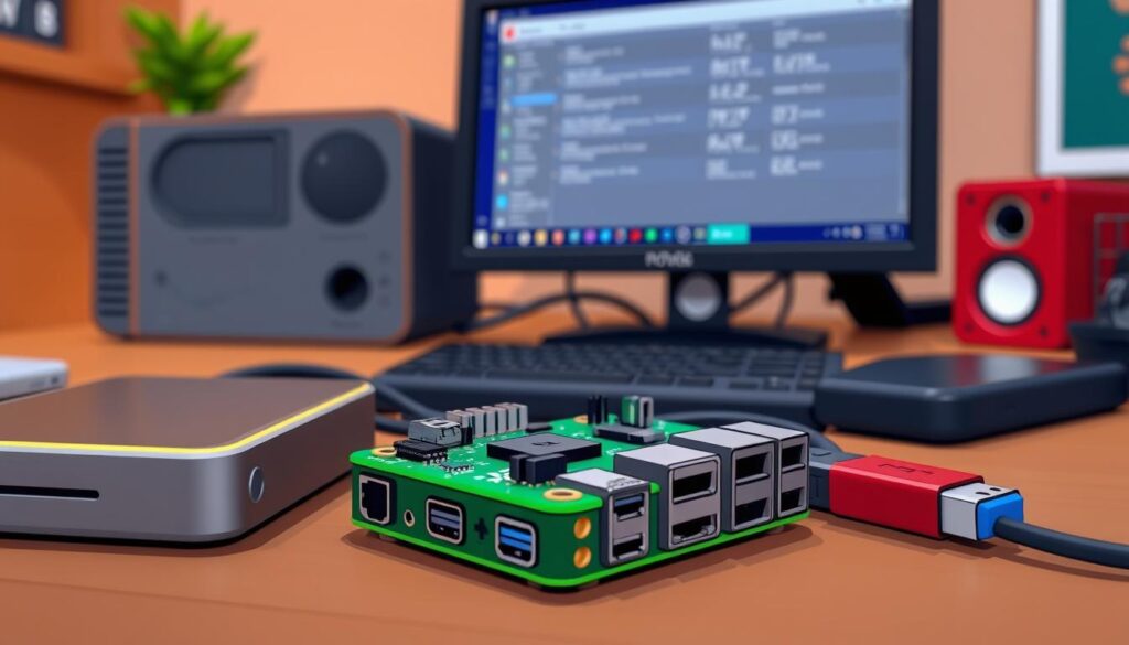 A close-up view of a Raspberry Pi configured as a media server, connected to various external storage devices. In the foreground, the Raspberry Pi is prominently displayed, with its various ports and connectors visible, alongside a sleek external hard drive and a USB flash drive. In the middle background, there's a tidy workspace setup featuring a computer monitor displaying configuration settings. The lighting is soft and focused, highlighting the Raspberry Pi's features, with a warm, inviting atmosphere that suggests productivity and innovation. The scene is shot from a slight angle to create depth, emphasizing the functionality and technology of the setup. A close-up view of a Raspberry Pi configured as a media server, connected to various external storage devices. In the foreground, the Raspberry Pi is prominently displayed, with its various ports and connectors visible, alongside a sleek external hard drive and a USB flash drive. In the middle background, there's a tidy workspace setup featuring a computer monitor displaying configuration settings. The lighting is soft and focused, highlighting the Raspberry Pi's features, with a warm, inviting atmosphere that suggests productivity and innovation. The scene is shot from a slight angle to create depth, emphasizing the functionality and technology of the setup.