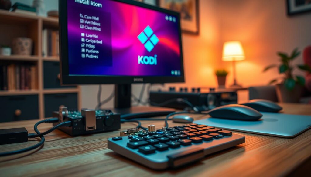 A close-up view of a Raspberry Pi setup actively installing Kodi, with a colorful graphical interface displayed on a connected monitor. The table is cluttered with essential components: the Raspberry Pi, a keyboard, a mouse, and a USB drive, all arranged neatly in the foreground. The background features a cozy room with warm ambient lighting, a small bookshelf, and a potted plant. The image is shot from a slightly elevated angle to give depth, emphasizing the technology and the installation process. A soft focus blurs the background details, creating a relaxed atmosphere with a hint of excitement for tech enthusiasts. The color palette is vibrant, highlighting the screen action against the neutral tones of the room. A close-up view of a Raspberry Pi setup actively installing Kodi, with a colorful graphical interface displayed on a connected monitor. The table is cluttered with essential components: the Raspberry Pi, a keyboard, a mouse, and a USB drive, all arranged neatly in the foreground. The background features a cozy room with warm ambient lighting, a small bookshelf, and a potted plant. The image is shot from a slightly elevated angle to give depth, emphasizing the technology and the installation process. A soft focus blurs the background details, creating a relaxed atmosphere with a hint of excitement for tech enthusiasts. The color palette is vibrant, highlighting the screen action against the neutral tones of the room.