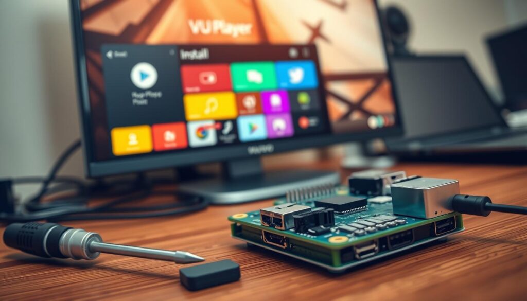 A close-up view of a Raspberry Pi setup on a wooden desk, featuring a VU Player installation in progress. The Raspberry Pi is connected to a monitor displaying the VU Player interface, with colorful icons and graphical elements. The foreground includes a set of tools such as a screwdriver and a microSD card, emphasizing the installation process. In the background, there are soft-focus elements like cables and a laptop, creating a tech-savvy environment. The lighting is warm and inviting, with a soft glow illuminating the screen and components. The angle is slightly tilted to emphasize the active installation, conveying a sense of innovation and excitement. A close-up view of a Raspberry Pi setup on a wooden desk, featuring a VU Player installation in progress. The Raspberry Pi is connected to a monitor displaying the VU Player interface, with colorful icons and graphical elements. The foreground includes a set of tools such as a screwdriver and a microSD card, emphasizing the installation process. In the background, there are soft-focus elements like cables and a laptop, creating a tech-savvy environment. The lighting is warm and inviting, with a soft glow illuminating the screen and components. The angle is slightly tilted to emphasize the active installation, conveying a sense of innovation and excitement.