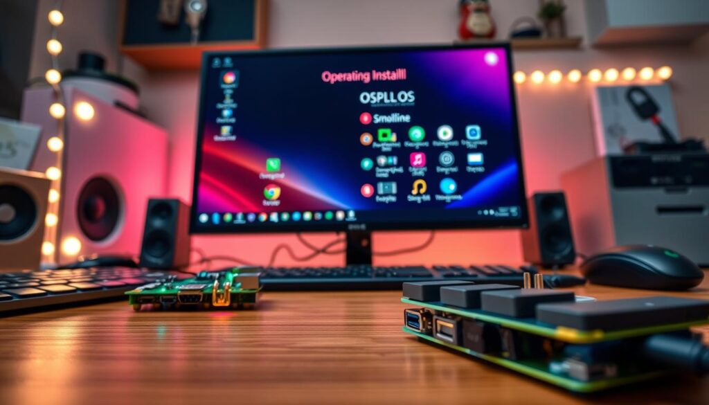 A close-up view of a Raspberry Pi setup on a wooden desk, showcasing a variety of operating system installation options displayed on a computer screen. In the foreground, focus on the Raspberry Pi device with colorful LED lights glowing, connected to a keyboard and mouse. In the middle ground, a sleek monitor shows a graphical interface of different OS versions available for installation, with vibrant colors and an intuitive layout. The background features a neatly organized workspace, softly illuminated with warm LED lights, creating a cozy tech atmosphere. Capture this scene from a slight overhead angle to give depth, emphasizing the technology and inviting a sense of exploration and learning.