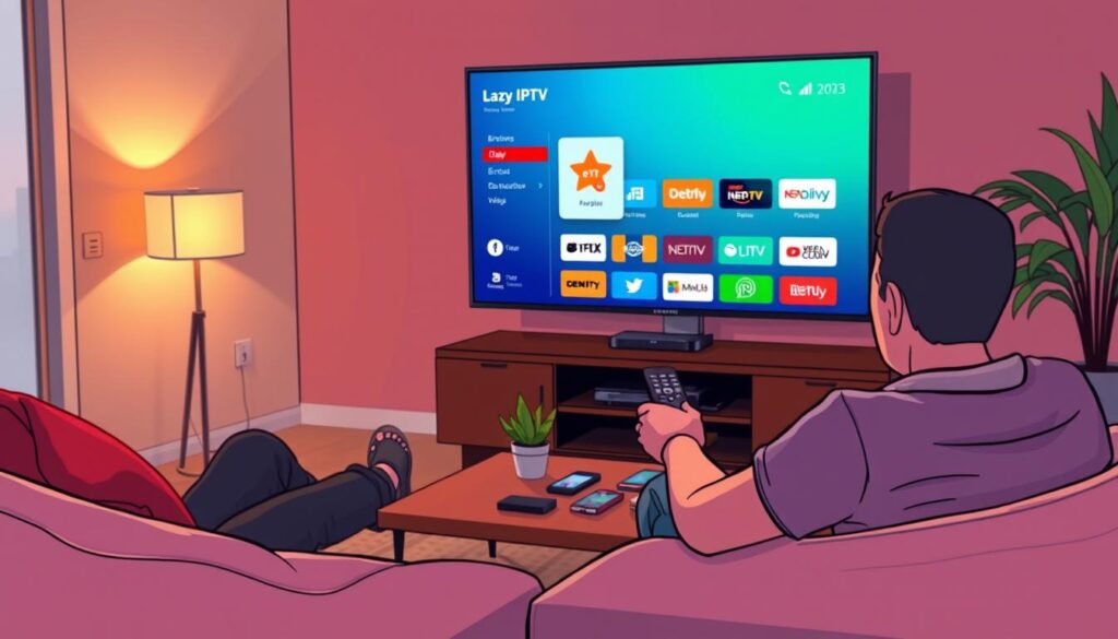 A cozy living room featuring a modern Samsung Smart TV displaying the Lazy IPTV application interface. In the foreground, a person in casual attire is seated on a comfortable sofa, attentively navigating through the app using a remote control. The middle ground includes a well-organized coffee table with a few gadgets and a small plant for a homey touch. In the background, warm, ambient lighting emanates from a stylish lamp, creating a relaxed atmosphere. The image is shot from a slight angle to emphasize the TV screen and the user's interaction with the Lazy IPTV application. The overall mood is inviting and informative, highlighting the ease of installation and setup for the application. A cozy living room featuring a modern Samsung Smart TV displaying the Lazy IPTV application interface. In the foreground, a person in casual attire is seated on a comfortable sofa, attentively navigating through the app using a remote control. The middle ground includes a well-organized coffee table with a few gadgets and a small plant for a homey touch. In the background, warm, ambient lighting emanates from a stylish lamp, creating a relaxed atmosphere. The image is shot from a slight angle to emphasize the TV screen and the user's interaction with the Lazy IPTV application. The overall mood is inviting and informative, highlighting the ease of installation and setup for the application.