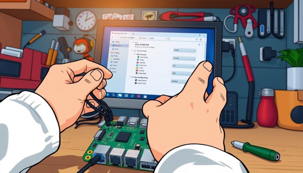 A detailed close-up of a Raspberry Pi setup with a visible MiniDLNA configuration on a computer screen. In the foreground, a pair of hands gently adjusting cables connecting the Raspberry Pi to a monitor, illustrating a hands-on approach to configuring MiniDLNA. In the middle, the clearly visible screen displays the MiniDLNA settings interface, with colorful icons and organized options to set up media sharing. The background features a well-organized workspace, including tools like a screwdriver, small gadgets, and other tech paraphernalia. The lighting is bright and inviting, with a soft focus on the peripheral objects to emphasize the configuration process. The atmosphere is focused and technical, conveying a sense of accomplishment in setting up a media server. A detailed close-up of a Raspberry Pi setup with a visible MiniDLNA configuration on a computer screen. In the foreground, a pair of hands gently adjusting cables connecting the Raspberry Pi to a monitor, illustrating a hands-on approach to configuring MiniDLNA. In the middle, the clearly visible screen displays the MiniDLNA settings interface, with colorful icons and organized options to set up media sharing. The background features a well-organized workspace, including tools like a screwdriver, small gadgets, and other tech paraphernalia. The lighting is bright and inviting, with a soft focus on the peripheral objects to emphasize the configuration process. The atmosphere is focused and technical, conveying a sense of accomplishment in setting up a media server.