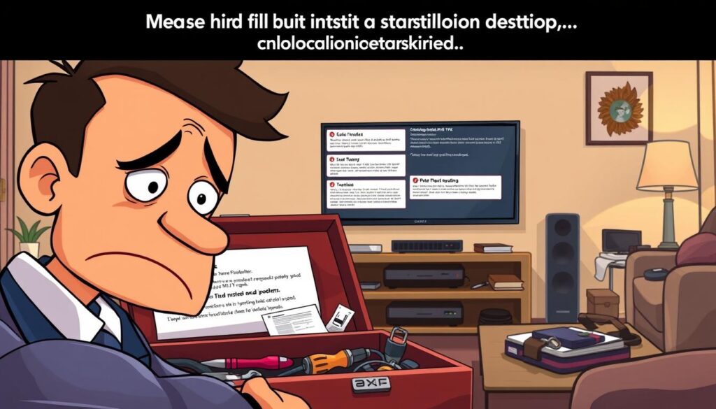 A detailed illustration depicting common installation problems and solutions for the Perfect Player on a Samsung smart TV. In the foreground, display a close-up of a frustrated user in professional attire, intently looking at a smart TV with various error messages on the screen. The middle ground should feature a toolbox filled with tools like a screwdriver, cables, and a manual, symbolizing troubleshooting efforts. In the background, a home setting with a mounted TV on the wall and a cluttered coffee table, enhancing the atmosphere of home installation. The lighting should be warm and inviting, with a focus on the television and user's expressions. The composition should evoke a sense of problem-solving in a relatable, everyday environment. A detailed illustration depicting common installation problems and solutions for the Perfect Player on a Samsung smart TV. In the foreground, display a close-up of a frustrated user in professional attire, intently looking at a smart TV with various error messages on the screen. The middle ground should feature a toolbox filled with tools like a screwdriver, cables, and a manual, symbolizing troubleshooting efforts. In the background, a home setting with a mounted TV on the wall and a cluttered coffee table, enhancing the atmosphere of home installation. The lighting should be warm and inviting, with a focus on the television and user's expressions. The composition should evoke a sense of problem-solving in a relatable, everyday environment.