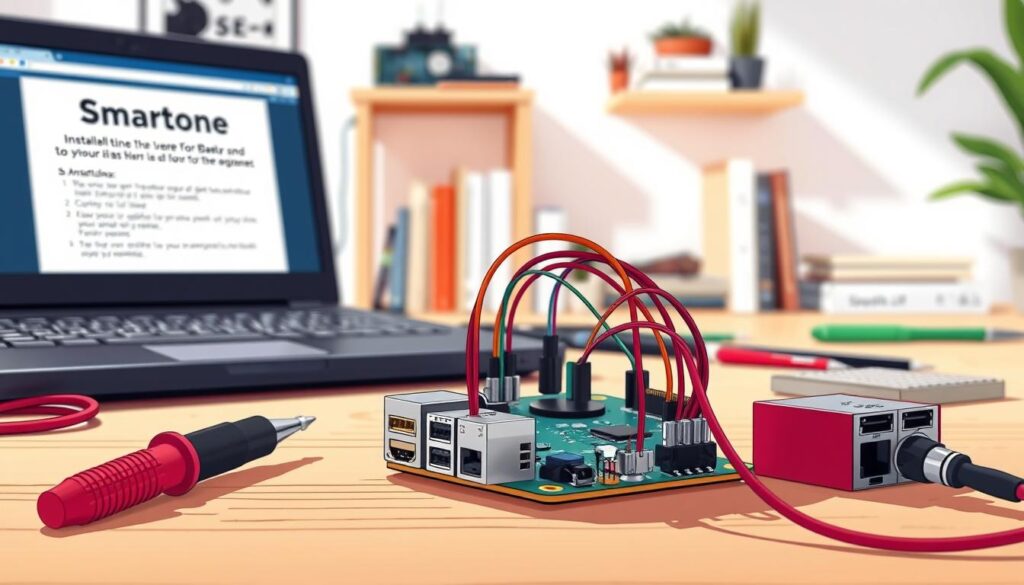 A detailed installation process scene for "Smartone" on a Raspberry Pi. In the foreground, an open Raspberry Pi with colorful wires connecting various components. Beside it, a laptop screen displaying installation instructions. The middle ground includes scattered tools like a screwdriver, jumper wires, and a breadboard. In the background, a clean workspace with a soft-focus effect, showcasing a wall-mounted shelf with electronics and books related to programming. Bright, natural lighting illuminates the scene, casting soft shadows. The atmosphere is one of focused productivity, appealing to beginners in tech. The composition is captured with a slightly elevated angle, emphasizing the Raspberry Pi and its components, ensuring a clear view of the setup without any distractions like text or logos. A detailed installation process scene for "Smartone" on a Raspberry Pi. In the foreground, an open Raspberry Pi with colorful wires connecting various components. Beside it, a laptop screen displaying installation instructions. The middle ground includes scattered tools like a screwdriver, jumper wires, and a breadboard. In the background, a clean workspace with a soft-focus effect, showcasing a wall-mounted shelf with electronics and books related to programming. Bright, natural lighting illuminates the scene, casting soft shadows. The atmosphere is one of focused productivity, appealing to beginners in tech. The composition is captured with a slightly elevated angle, emphasizing the Raspberry Pi and its components, ensuring a clear view of the setup without any distractions like text or logos.