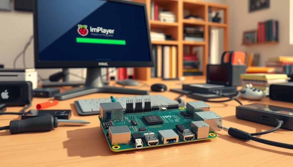 A detailed scene depicting the installation process of ImPlayer on a Raspberry Pi. In the foreground, a Raspberry Pi board connected to a monitor displaying an installation screen with a progress bar. Surrounding the board are essential tools such as a screwdriver, cables, and a small external hard drive. In the middle ground, a desk cluttered with tech gadgets creates a focused atmosphere of a DIY workspace. The background features a softly lit room with shelves stocked with programming books and electronic components. Use natural lighting to create a warm, inviting mood, with a shallow depth of field to keep the Raspberry Pi in sharp focus while blurring the background, enhancing the sense of concentration on the task. A detailed scene depicting the installation process of ImPlayer on a Raspberry Pi. In the foreground, a Raspberry Pi board connected to a monitor displaying an installation screen with a progress bar. Surrounding the board are essential tools such as a screwdriver, cables, and a small external hard drive. In the middle ground, a desk cluttered with tech gadgets creates a focused atmosphere of a DIY workspace. The background features a softly lit room with shelves stocked with programming books and electronic components. Use natural lighting to create a warm, inviting mood, with a shallow depth of field to keep the Raspberry Pi in sharp focus while blurring the background, enhancing the sense of concentration on the task.