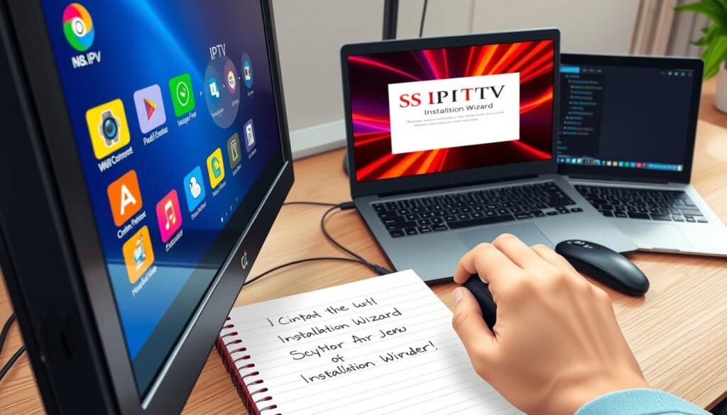 A detailed, step-by-step installation guide for SS IPTV on a Windows PC. The foreground features a close-up of a computer screen displaying the SS IPTV interface with vibrant colors and clear icons, highlighting the installation process. In the middle ground, a hand interacts with the mouse, clicking through a vibrant installation wizard, while a notepad with handwritten notes on installation steps sits nearby. The background includes a tidy workspace with a laptop, showing a blend of modern technology and organization. Soft, natural lighting illuminates the scene, creating a productive atmosphere. The angle is slightly from above, providing a comprehensive view of the desktop environment without any text or overlays. A detailed, step-by-step installation guide for SS IPTV on a Windows PC. The foreground features a close-up of a computer screen displaying the SS IPTV interface with vibrant colors and clear icons, highlighting the installation process. In the middle ground, a hand interacts with the mouse, clicking through a vibrant installation wizard, while a notepad with handwritten notes on installation steps sits nearby. The background includes a tidy workspace with a laptop, showing a blend of modern technology and organization. Soft, natural lighting illuminates the scene, creating a productive atmosphere. The angle is slightly from above, providing a comprehensive view of the desktop environment without any text or overlays.