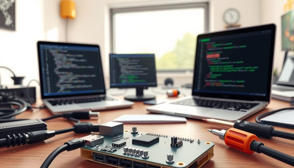 A detailed, technical workspace showcasing the installation process of ImPlayer on a Raspberry Pi. In the foreground, a sleek Raspberry Pi board with connected peripherals, including a microSD card and power supply, surrounded by tools like a screwdriver and cables. In the middle ground, a laptop displaying coding and installation steps with a focus on software interfaces. The background features a well-lit workspace with organized components, a window allowing natural light to enhance clarity, and subtle hints of technology. The atmosphere is professional and focused, emphasizing precision and attention to detail in the software installation process. The image should have a shallow depth of field to draw attention to the Raspberry Pi and its components, with soft, natural lighting to evoke a productive mood. A detailed, technical workspace showcasing the installation process of ImPlayer on a Raspberry Pi. In the foreground, a sleek Raspberry Pi board with connected peripherals, including a microSD card and power supply, surrounded by tools like a screwdriver and cables. In the middle ground, a laptop displaying coding and installation steps with a focus on software interfaces. The background features a well-lit workspace with organized components, a window allowing natural light to enhance clarity, and subtle hints of technology. The atmosphere is professional and focused, emphasizing precision and attention to detail in the software installation process. The image should have a shallow depth of field to draw attention to the Raspberry Pi and its components, with soft, natural lighting to evoke a productive mood.