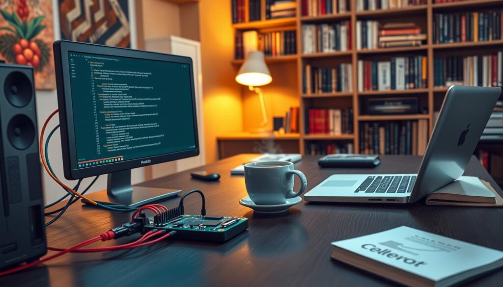 A detailed view of a Raspberry Pi setup in a cozy home office, focusing on the screen displaying the Kodi compilation process on the Raspberry Pi OS Bullseye. The foreground features a modern monitor with code lines and progress bars visible, along with a Raspberry Pi board connected with colorful cables. In the middle, a sleek, dark wooden desk holds a laptop positioned slightly aside, with a cup of steaming coffee and a few technical books scattered around. The background shows bookshelves filled with tech manuals and a softly lit lamp, creating a warm, inviting atmosphere. The lighting should be soft and warm, imbuing the scene with a productive yet relaxed mood. The angle captures the workspace in a mid-shot, emphasizing the tech and the Kodi environment without any text or distractions. A detailed view of a Raspberry Pi setup in a cozy home office, focusing on the screen displaying the Kodi compilation process on the Raspberry Pi OS Bullseye. The foreground features a modern monitor with code lines and progress bars visible, along with a Raspberry Pi board connected with colorful cables. In the middle, a sleek, dark wooden desk holds a laptop positioned slightly aside, with a cup of steaming coffee and a few technical books scattered around. The background shows bookshelves filled with tech manuals and a softly lit lamp, creating a warm, inviting atmosphere. The lighting should be soft and warm, imbuing the scene with a productive yet relaxed mood. The angle captures the workspace in a mid-shot, emphasizing the tech and the Kodi environment without any text or distractions.