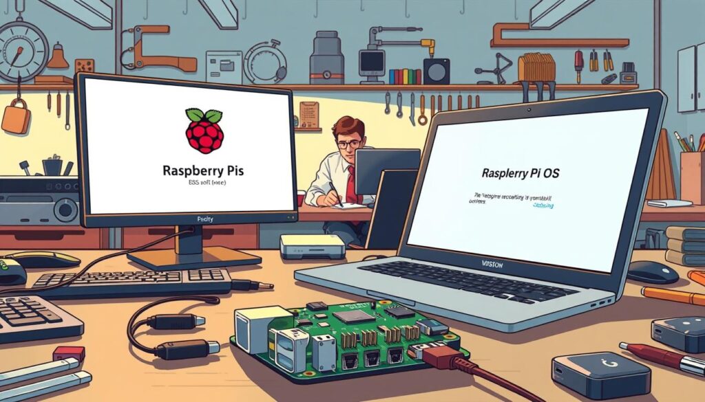 A detailed workspace illustration depicting the installation process of the Raspberry Pi OS. In the foreground, focus on a Raspberry Pi board connected to a monitor, with an open laptop displaying the OS installation interface. Include various tech components like a keyboard, mouse, and USB drives scattered around, enhancing the scene's technical atmosphere. In the middle ground, a person in professional attire, with focused expressions, is engaged in setting up the device, adding a human connection to the process. The background shows a well-lit, organized workbench with tools and tech gadgets, all in soft, natural lighting. The overall mood should be one of concentration and achievement, reflecting the hands-on nature of installing software on a Raspberry Pi. A detailed workspace illustration depicting the installation process of the Raspberry Pi OS. In the foreground, focus on a Raspberry Pi board connected to a monitor, with an open laptop displaying the OS installation interface. Include various tech components like a keyboard, mouse, and USB drives scattered around, enhancing the scene's technical atmosphere. In the middle ground, a person in professional attire, with focused expressions, is engaged in setting up the device, adding a human connection to the process. The background shows a well-lit, organized workbench with tools and tech gadgets, all in soft, natural lighting. The overall mood should be one of concentration and achievement, reflecting the hands-on nature of installing software on a Raspberry Pi.