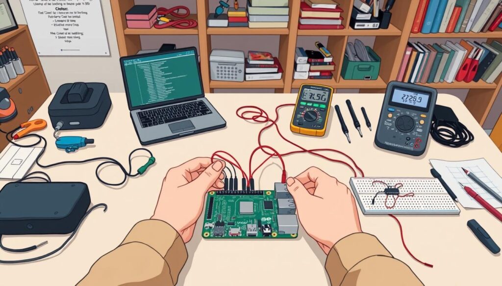 A detailed workspace setup for Raspberry Pi installation and testing, featuring a neatly organized table with a Raspberry Pi board, various electronic components like wires, resistors, and a breadboard. In the foreground, a pair of hands in modest casual clothing is connecting wires to the Raspberry Pi, showcasing an assembly process. The middle of the image includes a laptop displaying code and a multimeter for testing connections. In the background, shelves are filled with tools and books on electronics, hinting at a learning environment. The scene is well-lit with soft, even lighting, creating a focused and productive atmosphere, captured with a slight top-down angle to emphasize the workspace. The mood is inviting and instructional, perfect for beginner tech enthusiasts. A detailed workspace setup for Raspberry Pi installation and testing, featuring a neatly organized table with a Raspberry Pi board, various electronic components like wires, resistors, and a breadboard. In the foreground, a pair of hands in modest casual clothing is connecting wires to the Raspberry Pi, showcasing an assembly process. The middle of the image includes a laptop displaying code and a multimeter for testing connections. In the background, shelves are filled with tools and books on electronics, hinting at a learning environment. The scene is well-lit with soft, even lighting, creating a focused and productive atmosphere, captured with a slight top-down angle to emphasize the workspace. The mood is inviting and instructional, perfect for beginner tech enthusiasts.