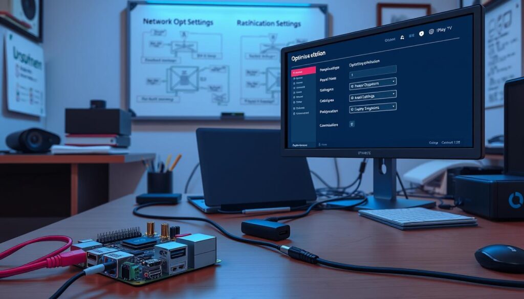 A detailed workspace setup for optimizing iPlayTV settings on a Raspberry Pi. In the foreground, a sleek black Raspberry Pi with brightly colored cables is connected to a modern monitor displaying the iPlayTV interface with various optimization settings and options clearly visible. The middle ground features an organized desk with a laptop, technical manuals, and tools for configuration, all illuminated by soft LED lighting. In the background, a whiteboard with diagrams of network optimization strategies and flowcharts. The atmosphere is focused and professional, demonstrating a high-tech environment with a slight blue tint from the monitor glow, capturing the essence of digital media setup and configuration. A detailed workspace setup for optimizing iPlayTV settings on a Raspberry Pi. In the foreground, a sleek black Raspberry Pi with brightly colored cables is connected to a modern monitor displaying the iPlayTV interface with various optimization settings and options clearly visible. The middle ground features an organized desk with a laptop, technical manuals, and tools for configuration, all illuminated by soft LED lighting. In the background, a whiteboard with diagrams of network optimization strategies and flowcharts. The atmosphere is focused and professional, demonstrating a high-tech environment with a slight blue tint from the monitor glow, capturing the essence of digital media setup and configuration.
