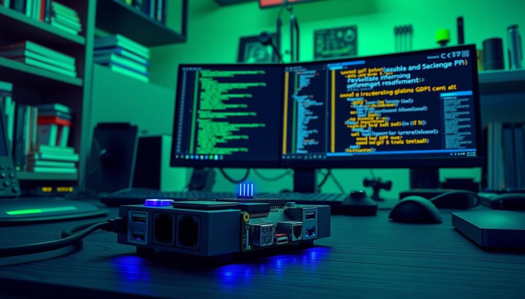 A highly detailed digital workspace showing a Raspberry Pi with a connected GPU, surrounded by programming code on a screen. In the foreground, a sleek Raspberry Pi model with a small GPU attached, illuminated by soft blue LED lights. The middle features a modern computer setup with dual monitors displaying GPU acceleration software and various programming scripts, showcasing graphs and stats of performance improvements. The background contains shelves with tech books and tools, giving a sense of a busy developer's environment. The mood is focused and innovative, with a dynamic interplay of green and blue lighting enhancing the tech atmosphere. Capture the scene from a slightly elevated angle to emphasize the workspace dynamics.