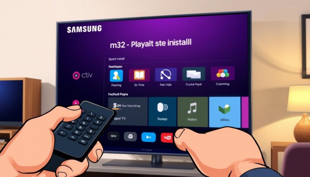 A modern Samsung Smart TV displaying an M3U playlist installation interface, featuring a sleek and intuitive design. In the foreground, a close-up of a hand holding a remote control, poised above the TV's menu. The middle ground showcases the TV's screen with vibrant icons and a bright, clear resolution, illustrating the steps of the installation process in an organized manner. The background hints at a cozy living room environment with soft lighting, emphasizing a relaxed, user-friendly atmosphere. Soft shadows frame the scene, creating depth while maintaining a professional feel. The overall mood reflects excitement and ease, inviting viewers to engage with the technology. A modern Samsung Smart TV displaying an M3U playlist installation interface, featuring a sleek and intuitive design. In the foreground, a close-up of a hand holding a remote control, poised above the TV's menu. The middle ground showcases the TV's screen with vibrant icons and a bright, clear resolution, illustrating the steps of the installation process in an organized manner. The background hints at a cozy living room environment with soft lighting, emphasizing a relaxed, user-friendly atmosphere. Soft shadows frame the scene, creating depth while maintaining a professional feel. The overall mood reflects excitement and ease, inviting viewers to engage with the technology.