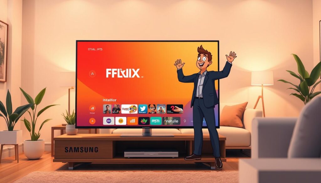 A modern Samsung Smart TV displaying the Flix IPTV app on its screen, set within a stylish living room environment. In the foreground, the TV stands on a sleek wooden stand, surrounded by minimalistic decor such as houseplants and modern furniture. The middle ground features a soft sofa with a person in professional attire enthusiastically exploring the app on the TV, embodying the installation process. The background is softly lit, highlighting the cozy ambiance of the room with warm lighting that creates a relaxed atmosphere. The perspective captures both the TV and the user's interaction, focusing on the screen's vibrant interface showing various streaming options. The scene conveys excitement and ease of use in home entertainment. A modern Samsung Smart TV displaying the Flix IPTV app on its screen, set within a stylish living room environment. In the foreground, the TV stands on a sleek wooden stand, surrounded by minimalistic decor such as houseplants and modern furniture. The middle ground features a soft sofa with a person in professional attire enthusiastically exploring the app on the TV, embodying the installation process. The background is softly lit, highlighting the cozy ambiance of the room with warm lighting that creates a relaxed atmosphere. The perspective captures both the TV and the user's interaction, focusing on the screen's vibrant interface showing various streaming options. The scene conveys excitement and ease of use in home entertainment.