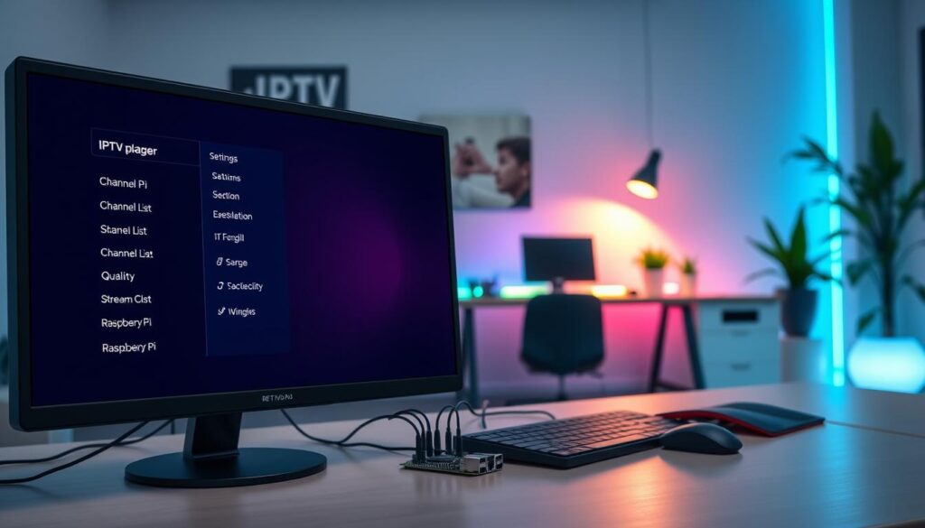 A modern digital workspace showcasing the settings screen of an IPTV player on a Raspberry Pi interface. In the foreground, a close-up view of a computer monitor displays a vibrant and user-friendly IPTV settings menu filled with options like "Service Configuration," "Channel List," and "Stream Quality." The middle ground features a Raspberry Pi device with connected wires, alongside a keyboard and mouse, illustrating setup in action. The background shows a well-lit room with a stylish desk, colorful LED lights accentuating the tech environment, and plants for a touch of greenery. The mood is tech-savvy and inviting, perfect for any viewer interested in IPTV installations. The lighting is soft yet bright to enhance digital clarity, capturing attention. A modern digital workspace showcasing the settings screen of an IPTV player on a Raspberry Pi interface. In the foreground, a close-up view of a computer monitor displays a vibrant and user-friendly IPTV settings menu filled with options like "Service Configuration," "Channel List," and "Stream Quality." The middle ground features a Raspberry Pi device with connected wires, alongside a keyboard and mouse, illustrating setup in action. The background shows a well-lit room with a stylish desk, colorful LED lights accentuating the tech environment, and plants for a touch of greenery. The mood is tech-savvy and inviting, perfect for any viewer interested in IPTV installations. The lighting is soft yet bright to enhance digital clarity, capturing attention.