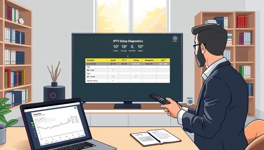 A modern home office setup featuring a sleek TV screen displaying IPTV setup diagnostics. In the foreground, a person in smart casual attire is focused on troubleshooting technical issues, holding a remote control. The middle ground includes a laptop open with graphs and network settings visible, and a notepad with notes on IPTV maintenance. The background showcases bookshelves filled with tech manuals and a window revealing a bright, sunny day outside. The scene is well-lit with natural light coming through the window, creating a calm and professional atmosphere. The angle is slightly above eye level, capturing both the TV screen and the person’s concentration. A modern home office setup featuring a sleek TV screen displaying IPTV setup diagnostics. In the foreground, a person in smart casual attire is focused on troubleshooting technical issues, holding a remote control. The middle ground includes a laptop open with graphs and network settings visible, and a notepad with notes on IPTV maintenance. The background showcases bookshelves filled with tech manuals and a window revealing a bright, sunny day outside. The scene is well-lit with natural light coming through the window, creating a calm and professional atmosphere. The angle is slightly above eye level, capturing both the TV screen and the person’s concentration.