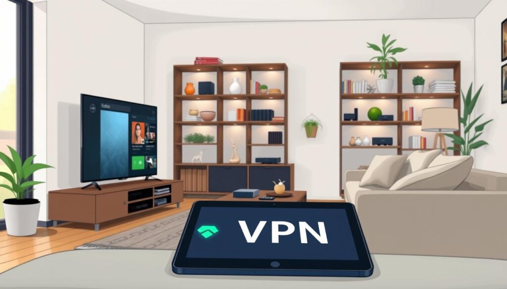 A modern living room featuring a sleek Samsung smart TV displaying the Kodi interface. In the foreground, a VPN application is visible on a tablet, emphasizing security and privacy, with a green shield icon representing protection. In the middle, a cozy couch and a coffee table scattered with tech gadgets, like a remote control and streaming devices. The background showcases softly lit shelves with books and decorative plants, creating a warm and inviting atmosphere. The scene is well-lit with natural light coming from a large window, giving a sense of comfort and safety. Capture a sense of security and modernity, ideal for illustrating the importance of VPNs in a home entertainment setting. A modern living room featuring a sleek Samsung smart TV displaying the Kodi interface. In the foreground, a VPN application is visible on a tablet, emphasizing security and privacy, with a green shield icon representing protection. In the middle, a cozy couch and a coffee table scattered with tech gadgets, like a remote control and streaming devices. The background showcases softly lit shelves with books and decorative plants, creating a warm and inviting atmosphere. The scene is well-lit with natural light coming from a large window, giving a sense of comfort and safety. Capture a sense of security and modernity, ideal for illustrating the importance of VPNs in a home entertainment setting.