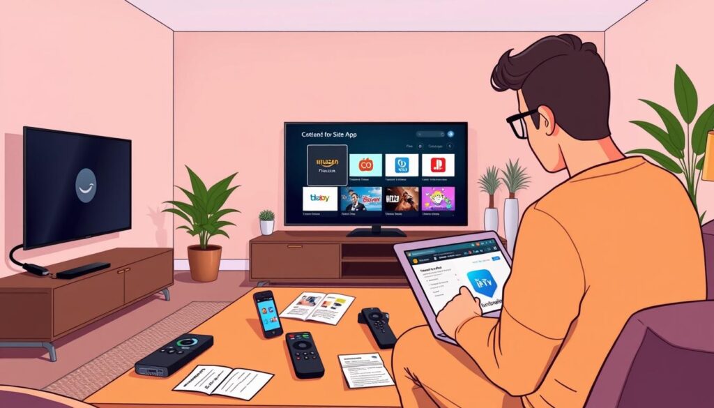 A modern living room setting showcasing an Amazon Firestick plugged into a sleek flat-screen television. In the foreground, a user is intently absorbed in sideloading an IPTV app using a laptop, displaying focus and engagement, dressed in casual comfortable clothing. The middle ground features a coffee table with various remote controls, an instructional guide, and a smartphone displaying a Downloader app. In the background, soft ambient lighting creates a welcoming atmosphere with plants and decorative elements. The scene has a warm, inviting tone, suggesting a cozy home environment while clearly illustrating the IPTV installation process. The angle should capture the user’s interaction with the interface on the TV screen, emphasizing the technology and process of installation. A modern living room setting showcasing an Amazon Firestick plugged into a sleek flat-screen television. In the foreground, a user is intently absorbed in sideloading an IPTV app using a laptop, displaying focus and engagement, dressed in casual comfortable clothing. The middle ground features a coffee table with various remote controls, an instructional guide, and a smartphone displaying a Downloader app. In the background, soft ambient lighting creates a welcoming atmosphere with plants and decorative elements. The scene has a warm, inviting tone, suggesting a cozy home environment while clearly illustrating the IPTV installation process. The angle should capture the user’s interaction with the interface on the TV screen, emphasizing the technology and process of installation.