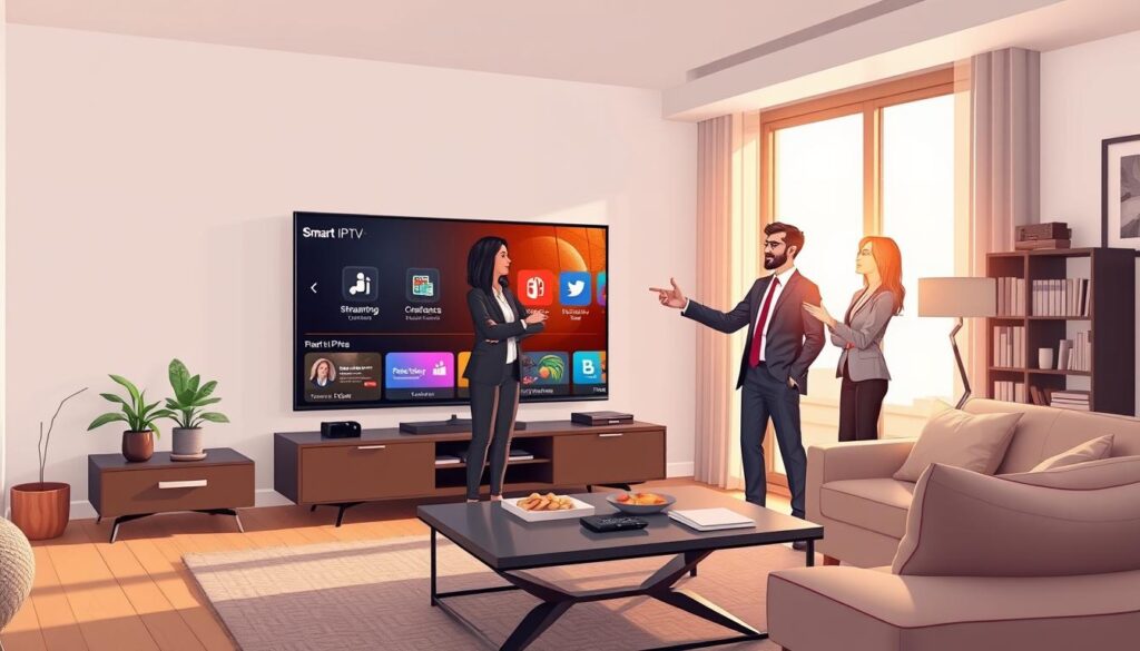 A modern living room with a sleek television displaying various Smart IPTV features such as a user-friendly interface, streaming options, and channel listings. In the foreground, a diverse group of three people, dressed in professional business attire, are engaged in a discussion while pointing at the screen. The middle ground features a stylish coffee table with a remote control and snacks. Soft, natural lighting from a large window casts a warm glow, enhancing the cozy atmosphere. The background includes tasteful decor, like a bookshelf filled with books and modern art on the walls. The image captures a sense of innovation and collaboration, showcasing the excitement around Smart IPTV technology. A modern living room with a sleek television displaying various Smart IPTV features such as a user-friendly interface, streaming options, and channel listings. In the foreground, a diverse group of three people, dressed in professional business attire, are engaged in a discussion while pointing at the screen. The middle ground features a stylish coffee table with a remote control and snacks. Soft, natural lighting from a large window casts a warm glow, enhancing the cozy atmosphere. The background includes tasteful decor, like a bookshelf filled with books and modern art on the walls. The image captures a sense of innovation and collaboration, showcasing the excitement around Smart IPTV technology.