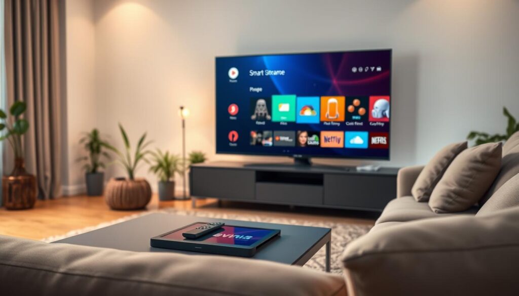 A serene home entertainment setup featuring a sleek Samsung Smart TV displaying vivid streaming interface options. In the foreground, a modern coffee table with a tablet and a remote control sits invitingly, while a plush couch with neutral-colored cushions invites relaxation. In the middle, the TV is optimized, showing various streaming icons with a subtle glow. The background includes soft ambient lighting illuminating the room, enhancing a cozy atmosphere. A few potted plants add a touch of greenery, complementing the overall aesthetic. The scene is viewed at a slightly elevated angle to capture depth, creating an inviting and tech-savvy environment perfect for a premium streaming experience. A serene home entertainment setup featuring a sleek Samsung Smart TV displaying vivid streaming interface options. In the foreground, a modern coffee table with a tablet and a remote control sits invitingly, while a plush couch with neutral-colored cushions invites relaxation. In the middle, the TV is optimized, showing various streaming icons with a subtle glow. The background includes soft ambient lighting illuminating the room, enhancing a cozy atmosphere. A few potted plants add a touch of greenery, complementing the overall aesthetic. The scene is viewed at a slightly elevated angle to capture depth, creating an inviting and tech-savvy environment perfect for a premium streaming experience.