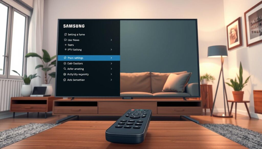 A sleek Samsung Smart TV displayed in a well-lit modern living room. The TV screen shows the settings menu with clear, user-friendly options, symbolizing preparation for IPTV Smarters installation. In the foreground, there is a stylish remote control on a wooden coffee table, emphasizing a cozy and inviting atmosphere. In the middle, a plush sofa is positioned comfortably, with a contemporary floor lamp casting warm light, enhancing the homey feel. The background features a simple decor with plants and framed art on the walls, all harmonizing to create a relaxed yet tech-savvy ambiance. The overall mood is informative and engaging, suitable for guiding users through the preparation steps. A sleek Samsung Smart TV displayed in a well-lit modern living room. The TV screen shows the settings menu with clear, user-friendly options, symbolizing preparation for IPTV Smarters installation. In the foreground, there is a stylish remote control on a wooden coffee table, emphasizing a cozy and inviting atmosphere. In the middle, a plush sofa is positioned comfortably, with a contemporary floor lamp casting warm light, enhancing the homey feel. The background features a simple decor with plants and framed art on the walls, all harmonizing to create a relaxed yet tech-savvy ambiance. The overall mood is informative and engaging, suitable for guiding users through the preparation steps.