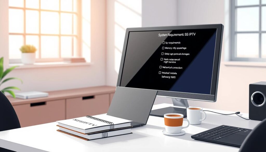 A sleek and modern workspace displaying a computer setup featuring a Windows PC on a clean desk. The foreground showcases the computer screen displaying a well-organized checklist of system requirements for installing SS IPTV, highlighted with icons representing memory, storage, and network connection. In the middle ground, a stylish laptop is positioned next to a few technical books about software installation, and a cup of coffee rests beside them. The background reveals a softly lit room with natural light streaming through a window, creating a welcoming and focused atmosphere. The overall mood is professional and informative, aimed to convey a sense of preparedness for technical tasks. A sleek and modern workspace displaying a computer setup featuring a Windows PC on a clean desk. The foreground showcases the computer screen displaying a well-organized checklist of system requirements for installing SS IPTV, highlighted with icons representing memory, storage, and network connection. In the middle ground, a stylish laptop is positioned next to a few technical books about software installation, and a cup of coffee rests beside them. The background reveals a softly lit room with natural light streaming through a window, creating a welcoming and focused atmosphere. The overall mood is professional and informative, aimed to convey a sense of preparedness for technical tasks.