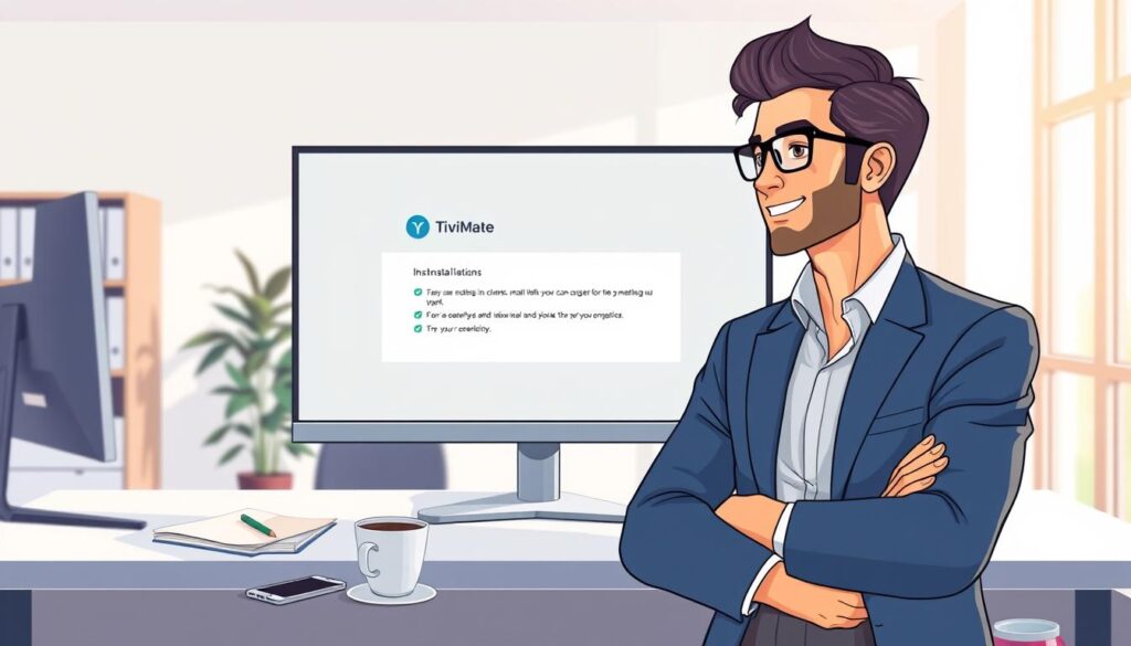 A sleek and modern workspace featuring a large desktop computer displaying the TiviMate installation interface. In the foreground, a confident professional in smart casual attire is focused on the screen, showcasing the installation options for TiviMate on Windows/PC. The middle ground includes a well-organized desk with a notepad, a cup of coffee, and a smartphone, suggesting a productive atmosphere. The background features a softly lit office with a window letting in natural light, casting gentle shadows. The overall mood is optimistic and inviting, emphasizing clarity in the installation process. Capture the scene with a wide-angle lens to give a spacious feel, while maintaining a bright and welcoming color palette. A sleek and modern workspace featuring a large desktop computer displaying the TiviMate installation interface. In the foreground, a confident professional in smart casual attire is focused on the screen, showcasing the installation options for TiviMate on Windows/PC. The middle ground includes a well-organized desk with a notepad, a cup of coffee, and a smartphone, suggesting a productive atmosphere. The background features a softly lit office with a window letting in natural light, casting gentle shadows. The overall mood is optimistic and inviting, emphasizing clarity in the installation process. Capture the scene with a wide-angle lens to give a spacious feel, while maintaining a bright and welcoming color palette.