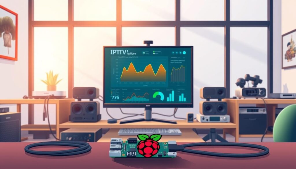 A sleek, modern home office setting with a Raspberry Pi computer prominently featured in the foreground, surrounded by various network equipment like routers and cables. In the middle, a large monitor displays vibrant graphs and data analytics related to IPTV optimization, showcasing bandwidth usage and streaming quality. The background features a well-organized workspace with smart home devices and cable management, suggesting an optimized network environment. Soft, natural lighting streams through a window, highlighting the high-tech aspect of the office. The atmosphere is focused and productive, exuding a sense of efficiency and technological sophistication. A sleek, modern home office setting with a Raspberry Pi computer prominently featured in the foreground, surrounded by various network equipment like routers and cables. In the middle, a large monitor displays vibrant graphs and data analytics related to IPTV optimization, showcasing bandwidth usage and streaming quality. The background features a well-organized workspace with smart home devices and cable management, suggesting an optimized network environment. Soft, natural lighting streams through a window, highlighting the high-tech aspect of the office. The atmosphere is focused and productive, exuding a sense of efficiency and technological sophistication.