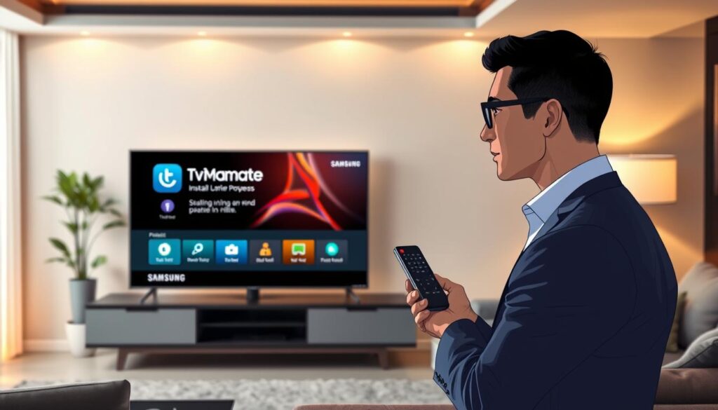 A sleek modern living room featuring a Samsung Smart TV prominently displaying the TiviMate installation interface. In the foreground, a tech-savvy individual wearing professional business attire is focused on the TV screen, holding a remote control. In the middle, the Samsung TV shows a vibrant, user-friendly layout of the TiviMate installation process, with appealing icons and interface elements easily visible. The background is softly illuminated, revealing a stylish, minimalist decor with a comfortable sofa and ambient lighting, creating a warm and inviting atmosphere. The scene is captured from a slight angle, emphasizing the interaction between the person and the TV, with natural light streaming through a nearby window, enhancing the inviting feel of the room. A sleek modern living room featuring a Samsung Smart TV prominently displaying the TiviMate installation interface. In the foreground, a tech-savvy individual wearing professional business attire is focused on the TV screen, holding a remote control. In the middle, the Samsung TV shows a vibrant, user-friendly layout of the TiviMate installation process, with appealing icons and interface elements easily visible. The background is softly illuminated, revealing a stylish, minimalist decor with a comfortable sofa and ambient lighting, creating a warm and inviting atmosphere. The scene is captured from a slight angle, emphasizing the interaction between the person and the TV, with natural light streaming through a nearby window, enhancing the inviting feel of the room.