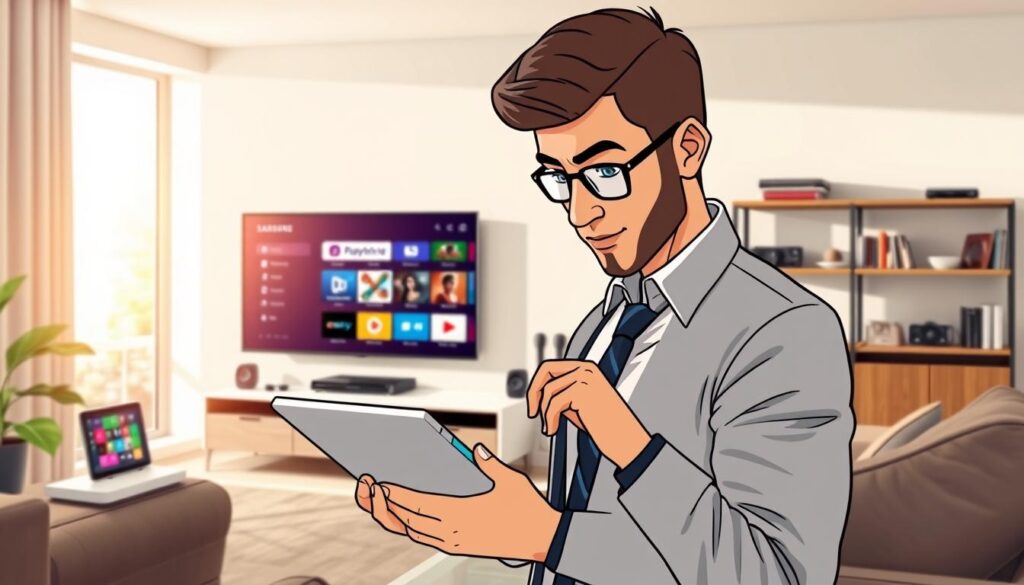 A sleek, modern living room featuring various devices displaying the Perfect Player IPTV interface on different screens, such as a Samsung smart TV, a tablet, and a smartphone. In the foreground, a well-dressed professional tech enthusiast is interacting with the tablet, with a focused expression. The midground showcases the smart TV mounted on the wall, exhibiting a colorful IPTV menu. In the background, there's a stylish shelf filled with tech gadgets and books. Soft, natural lighting streams through a window, creating a warm and inviting atmosphere. The scene is captured from a slightly elevated angle to emphasize the array of devices and the person engaging with them, highlighting the integration and versatility of Perfect Player IPTV on various platforms. A sleek, modern living room featuring various devices displaying the Perfect Player IPTV interface on different screens, such as a Samsung smart TV, a tablet, and a smartphone. In the foreground, a well-dressed professional tech enthusiast is interacting with the tablet, with a focused expression. The midground showcases the smart TV mounted on the wall, exhibiting a colorful IPTV menu. In the background, there's a stylish shelf filled with tech gadgets and books. Soft, natural lighting streams through a window, creating a warm and inviting atmosphere. The scene is captured from a slightly elevated angle to emphasize the array of devices and the person engaging with them, highlighting the integration and versatility of Perfect Player IPTV on various platforms.