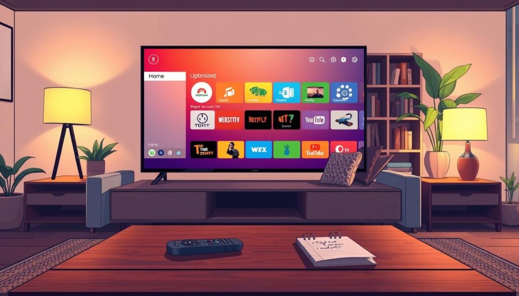 A sleek, modern living room setup featuring a large flat-screen TV displaying an optimized home screen interface. In the foreground, a stylish coffee table is adorned with a remote and a notepad with tips for customization. In the middle, a cozy couch with decorative cushions provides a welcoming vibe. The background showcases a tasteful bookshelf and houseplants that enhance the atmosphere. Soft, warm lighting creates a comfortable environment, while a slight focus on the screen highlights its vibrant interface and organized layout. The mood is inviting and tech-savvy, emphasizing the enjoyment and ease of optimizing home entertainment experiences. A sleek, modern living room setup featuring a large flat-screen TV displaying an optimized home screen interface. In the foreground, a stylish coffee table is adorned with a remote and a notepad with tips for customization. In the middle, a cozy couch with decorative cushions provides a welcoming vibe. The background showcases a tasteful bookshelf and houseplants that enhance the atmosphere. Soft, warm lighting creates a comfortable environment, while a slight focus on the screen highlights its vibrant interface and organized layout. The mood is inviting and tech-savvy, emphasizing the enjoyment and ease of optimizing home entertainment experiences.