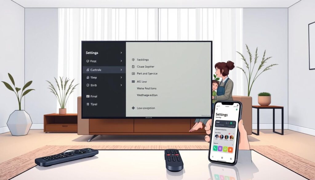 A well-lit modern living room with a Samsung Smart TV displaying the Flix IPTV settings interface. In the foreground, a sleek coffee table holds a remote control and a smartphone showing the Flix app. The middle ground features a stylish couch with a family casually dressed in modest clothing, discussing customization options for their IPTV experience. The background showcases a clean, minimalist aesthetic with subtle decorative plants and soft lighting filtering through sheer curtains, creating a warm and inviting atmosphere. The perspective is slightly elevated, emphasizing the interactive nature of the settings while maintaining a harmonious balance between tech and home comfort. The overall mood is enthusiastic and informative, illustrating the customization potential of Flix IPTV. A well-lit modern living room with a Samsung Smart TV displaying the Flix IPTV settings interface. In the foreground, a sleek coffee table holds a remote control and a smartphone showing the Flix app. The middle ground features a stylish couch with a family casually dressed in modest clothing, discussing customization options for their IPTV experience. The background showcases a clean, minimalist aesthetic with subtle decorative plants and soft lighting filtering through sheer curtains, creating a warm and inviting atmosphere. The perspective is slightly elevated, emphasizing the interactive nature of the settings while maintaining a harmonious balance between tech and home comfort. The overall mood is enthusiastic and informative, illustrating the customization potential of Flix IPTV.