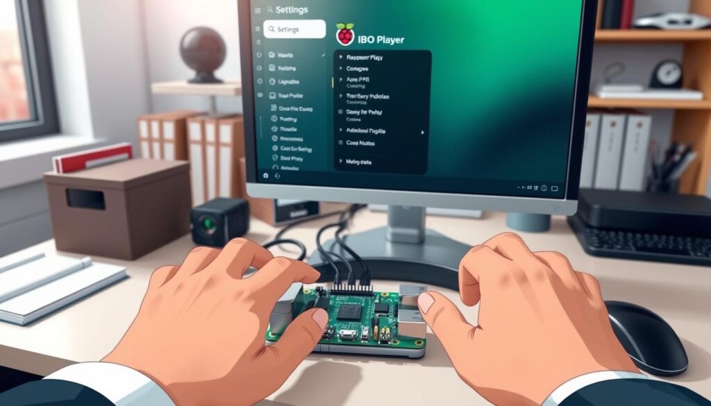 A well-organized workspace featuring a Raspberry Pi setup in focus, with an IBO Player interface displayed on a monitor. The foreground shows a pair of hands, dressed in professional business attire, skillfully navigating the settings on the screen. The middle layer includes a Raspberry Pi with connecting cables, an HDMI monitor, and a keyboard, all on a clean desk with subtle organizational tools. In the background, a soft-focused bookshelf adds depth, with tech manuals and gadgets hinting at a tech-savvy atmosphere. The lighting is bright yet soft, coming from a nearby window, creating an engaging and professional mood perfect for exploring device settings and additional features. The angle is slightly above, emphasizing the interaction with the interface. A well-organized workspace featuring a Raspberry Pi setup in focus, with an IBO Player interface displayed on a monitor. The foreground shows a pair of hands, dressed in professional business attire, skillfully navigating the settings on the screen. The middle layer includes a Raspberry Pi with connecting cables, an HDMI monitor, and a keyboard, all on a clean desk with subtle organizational tools. In the background, a soft-focused bookshelf adds depth, with tech manuals and gadgets hinting at a tech-savvy atmosphere. The lighting is bright yet soft, coming from a nearby window, creating an engaging and professional mood perfect for exploring device settings and additional features. The angle is slightly above, emphasizing the interaction with the interface.