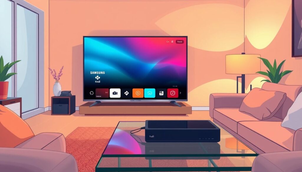An illustration depicting the step-by-step installation methods of Kodi on a Samsung smart TV. In the foreground, a sleek Samsung smart TV displays the Kodi interface, vibrant colors and smooth design evoking a modern tech atmosphere. The middle ground features a clear, visually appealing sequence of icons representing installation steps, maintaining a logical flow. The background includes a cozy living room setting with warm lighting, soft furnishings, and a subtle reflection of the TV on a glass table. Use a wide-angle lens effect to capture the entire scene, ensuring clarity and depth. The mood is informative yet inviting, making the tech process approachable for all viewers. An illustration depicting the step-by-step installation methods of Kodi on a Samsung smart TV. In the foreground, a sleek Samsung smart TV displays the Kodi interface, vibrant colors and smooth design evoking a modern tech atmosphere. The middle ground features a clear, visually appealing sequence of icons representing installation steps, maintaining a logical flow. The background includes a cozy living room setting with warm lighting, soft furnishings, and a subtle reflection of the TV on a glass table. Use a wide-angle lens effect to capture the entire scene, ensuring clarity and depth. The mood is informative yet inviting, making the tech process approachable for all viewers.