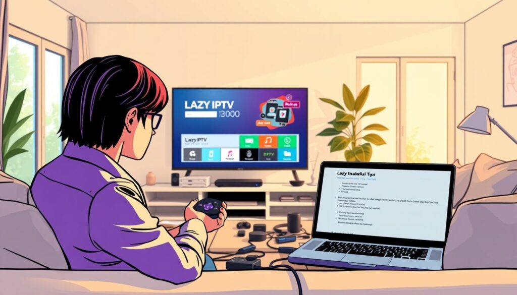 A bright and cozy living room setup showcasing a modern Roku device connected to a flat-screen TV displaying the Lazy IPTV interface. In the foreground, a person in professional casual attire, focused and engaged, is holding a remote control while troubleshooting installation issues. The middle of the image features a slightly cluttered coffee table with various tech gadgets, cables, and a laptop open to a support forum with troubleshooting tips. Soft, warm lighting enhances the inviting atmosphere, with large windows in the background allowing natural light to flood in. The angle captures the ambiance of a relaxed yet focused home tech environment, reflecting the themes of problem-solving and helpful tips in a harmonious setting.