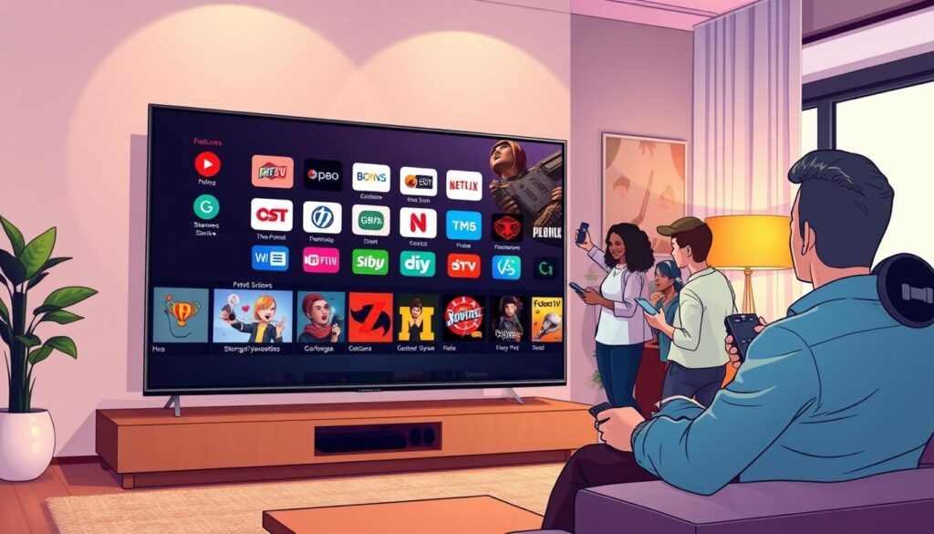 A captivating digital illustration showcasing the features and services of the Xtream9 app on a modern smart TV interface. In the foreground, a sleek smart TV displays an organized home screen filled with app icons, emphasizing features such as streaming services, user-friendly navigation, and personalized content recommendations. In the middle ground, a diverse group of individuals, dressed in smart casual clothing, enthusiastically interacting with the TV using remote controls and mobile devices. In the background, a contemporary living room setting with soft, warm lighting creates an inviting atmosphere. The composition uses a slightly elevated camera angle, providing a dynamic view of the TV and the engaged users, encapsulating the essence of modern home entertainment with a focus on the Xtream9 application's capabilities. A captivating digital illustration showcasing the features and services of the Xtream9 app on a modern smart TV interface. In the foreground, a sleek smart TV displays an organized home screen filled with app icons, emphasizing features such as streaming services, user-friendly navigation, and personalized content recommendations. In the middle ground, a diverse group of individuals, dressed in smart casual clothing, enthusiastically interacting with the TV using remote controls and mobile devices. In the background, a contemporary living room setting with soft, warm lighting creates an inviting atmosphere. The composition uses a slightly elevated camera angle, providing a dynamic view of the TV and the engaged users, encapsulating the essence of modern home entertainment with a focus on the Xtream9 application's capabilities.