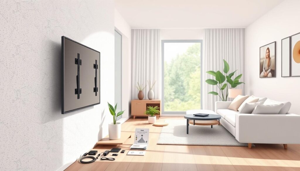 A clean, modern home interior with a focus on an alternative installation method for a smart TV. In the foreground, a sleek smart TV is mounted on a textured wall, featuring various installation tools such as brackets and cables neatly arranged beside it, showcasing a practical setup. In the middle ground, a stylish side table displays an instruction manual, while a small potted plant adds a touch of greenery. The background features a cozy living room environment, with a comfortable sofa arranged towards the TV. Soft, natural light streams in through a large window, creating an inviting atmosphere. The overall mood conveys a sense of practicality and modern living, ideal for showcasing different installation techniques.