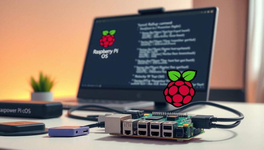 A close-up scene depicting a Raspberry Pi board being set up on a modern desktop. In the foreground, focus on a Raspberry Pi connected to a monitor displaying the installation screen of Raspberry Pi OS. Surrounding the Pi, include essential accessories like a microSD card, USB power supply, and Ethernet cables. In the middle ground, show a sleek laptop open with terminal commands written on the screen for initial setup instructions. The background is softly blurred, featuring a clean, minimalistic workspace with soft warm lighting to create an inviting and tech-savvy atmosphere. A subtle depth of field gives an added focus to the Raspberry Pi and screen, evoking a mood of exploration and learning.