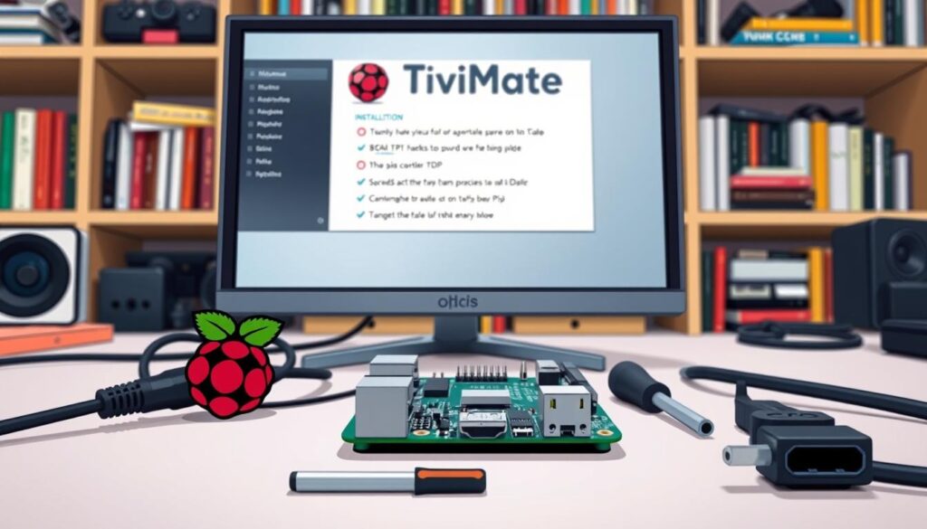 A close-up view of a Raspberry Pi setup with the TiviMate installation process on screen. The foreground features a Raspberry Pi board connected to a monitor showcasing the TiviMate interface, with visible installation options and steps. In the middle ground, a well-organized workspace includes tools like a screwdriver, microSD card, and HDMI cable, all on a clean desk surface. The background is softly blurred, depicting shelves filled with tech books and gadgets, creating an informative atmosphere. The lighting is bright and clear, enhancing the details of the components, with a slight focus on the monitor to highlight the TiviMate software installation. The mood is focused and tech-savvy, perfect for an instructional guide. A close-up view of a Raspberry Pi setup with the TiviMate installation process on screen. The foreground features a Raspberry Pi board connected to a monitor showcasing the TiviMate interface, with visible installation options and steps. In the middle ground, a well-organized workspace includes tools like a screwdriver, microSD card, and HDMI cable, all on a clean desk surface. The background is softly blurred, depicting shelves filled with tech books and gadgets, creating an informative atmosphere. The lighting is bright and clear, enhancing the details of the components, with a slight focus on the monitor to highlight the TiviMate software installation. The mood is focused and tech-savvy, perfect for an instructional guide.