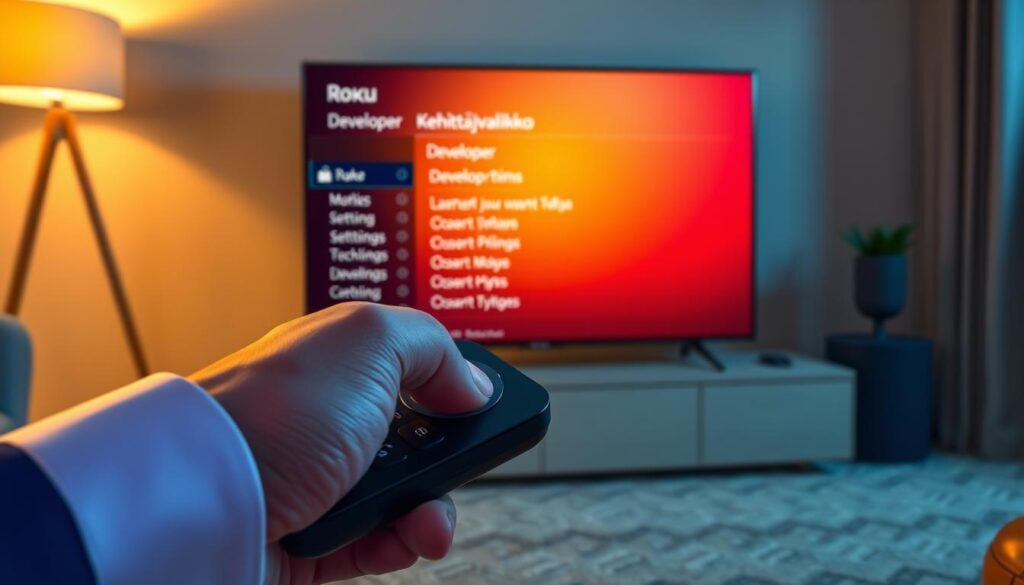 A close-up view of a Roku device displaying the "Kehittäjävalikko" (Developer Menu) on the screen, illuminated by soft, warm lighting that emphasizes the sleek design of the device. In the foreground, a hand, dressed in a professional business attire, is poised over a remote control, ready to navigate the menu, conveying a sense of interaction. In the middle ground, the TV screen shows the vibrant interface of the Developer Options, featuring various settings and configurations clearly visible. The background is a cozy living room setting, with a plush couch and ambient lighting to create an inviting atmosphere. The focus is on the Roku’s interface, highlighting the technical aspects of device preparation for Smart IPTV installation, with a professional and engaging mood. A close-up view of a Roku device displaying the "Kehittäjävalikko" (Developer Menu) on the screen, illuminated by soft, warm lighting that emphasizes the sleek design of the device. In the foreground, a hand, dressed in a professional business attire, is poised over a remote control, ready to navigate the menu, conveying a sense of interaction. In the middle ground, the TV screen shows the vibrant interface of the Developer Options, featuring various settings and configurations clearly visible. The background is a cozy living room setting, with a plush couch and ambient lighting to create an inviting atmosphere. The focus is on the Roku’s interface, highlighting the technical aspects of device preparation for Smart IPTV installation, with a professional and engaging mood.