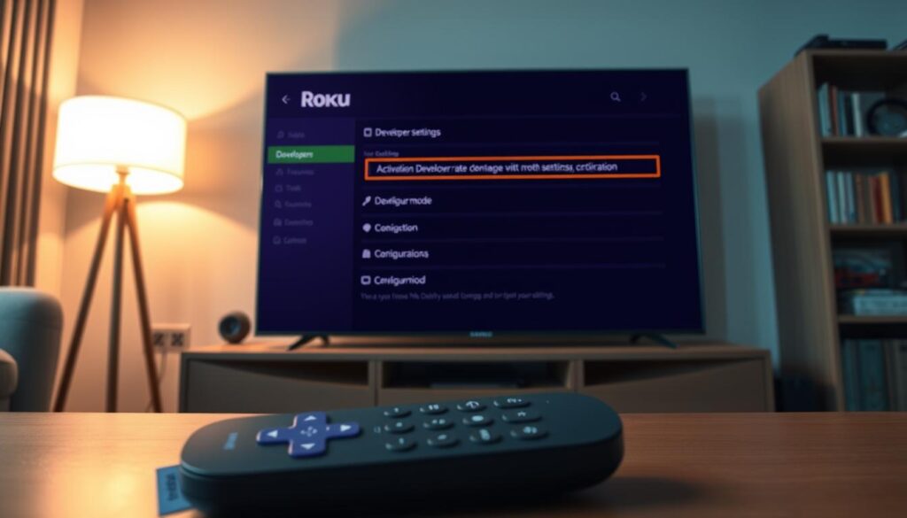 A close-up view of a Roku device displaying the developer settings interface on a modern television screen, set in a cozy living room environment. The foreground features the Roku remote with visible buttons, resting on a coffee table. In the middle, the TV screen displays an accessible UI with bright, intuitive options for activation and configuration settings, highlighting the developer mode section. The background includes soft lighting from a floor lamp, creating a warm and inviting glow, complemented by a bookshelf filled with tech gadgets. The mood is focused and instructional, suggesting a user-friendly atmosphere. The scene is shot from a slightly angled perspective, capturing the technology in use while maintaining a clean, uncluttered appearance. A close-up view of a Roku device displaying the developer settings interface on a modern television screen, set in a cozy living room environment. The foreground features the Roku remote with visible buttons, resting on a coffee table. In the middle, the TV screen displays an accessible UI with bright, intuitive options for activation and configuration settings, highlighting the developer mode section. The background includes soft lighting from a floor lamp, creating a warm and inviting glow, complemented by a bookshelf filled with tech gadgets. The mood is focused and instructional, suggesting a user-friendly atmosphere. The scene is shot from a slightly angled perspective, capturing the technology in use while maintaining a clean, uncluttered appearance.