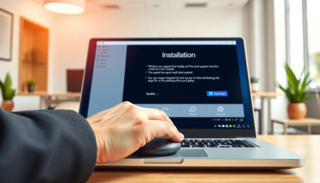 A close-up view of a computer screen displaying the installation process of Ibo Player on a Windows PC. The foreground features a sleek, modern laptop with visible on-screen prompts showing the installation steps. In the middle, a user’s hands in professional business attire are using a mouse, clicking through the setup. The background includes a well-lit office environment with a clean desk and a potted plant, conveying a professional and tech-savvy atmosphere. Soft, natural lighting enhances the scene, while a shallow depth of field focuses on the screen and hands, creating a sense of depth. The overall mood is informative and encouraging, ideal for a tutorial.