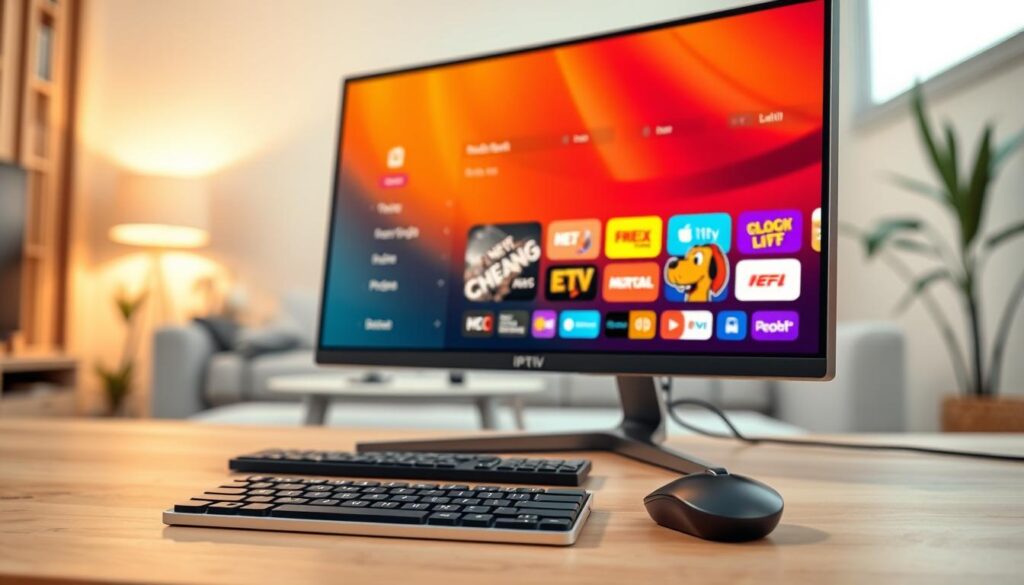 A close-up view of a modern IPTV player interface displayed on a sleek computer monitor, showcasing various functional features like a user-friendly menu, channel listings, and playback controls in vibrant colors. In the foreground, emphasize the monitor with sharp details, highlighting the intuitive design and icons of the IPTV player. In the middle, include a stylish, minimalist desk setup with a wireless keyboard and mouse for a tech-savvy look. The background subtly features a blurred-out living room scene, conveying a cozy and relaxed atmosphere. Soft, warm lighting enhances the overall mood, creating an inviting and professional environment. The angle should be slightly tilted for dynamic perspective, emphasizing the advanced technology of the player interface. A close-up view of a modern IPTV player interface displayed on a sleek computer monitor, showcasing various functional features like a user-friendly menu, channel listings, and playback controls in vibrant colors. In the foreground, emphasize the monitor with sharp details, highlighting the intuitive design and icons of the IPTV player. In the middle, include a stylish, minimalist desk setup with a wireless keyboard and mouse for a tech-savvy look. The background subtly features a blurred-out living room scene, conveying a cozy and relaxed atmosphere. Soft, warm lighting enhances the overall mood, creating an inviting and professional environment. The angle should be slightly tilted for dynamic perspective, emphasizing the advanced technology of the player interface.