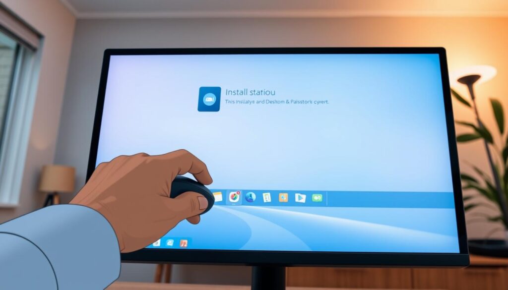 A close-up view of a sleek, modern computer screen displaying the 5KPlayer installation steps on a Windows desktop. In the foreground, a user’s hands are shown carefully navigating the installation process using a mouse, highlighting the interactive elements of the software interface. The middle layer features a clear view of the desktop background, showcasing a well-organized workspace with a few colorful application icons. In the background, a softly lit room with muted colors enhances the focused atmosphere, complemented by ambient lighting to create a warm and inviting mood. The image is taken from a slightly elevated angle, capturing both the screen and the user's hands, emphasizing clarity and professionalism. A close-up view of a sleek, modern computer screen displaying the 5KPlayer installation steps on a Windows desktop. In the foreground, a user’s hands are shown carefully navigating the installation process using a mouse, highlighting the interactive elements of the software interface. The middle layer features a clear view of the desktop background, showcasing a well-organized workspace with a few colorful application icons. In the background, a softly lit room with muted colors enhances the focused atmosphere, complemented by ambient lighting to create a warm and inviting mood. The image is taken from a slightly elevated angle, capturing both the screen and the user's hands, emphasizing clarity and professionalism.