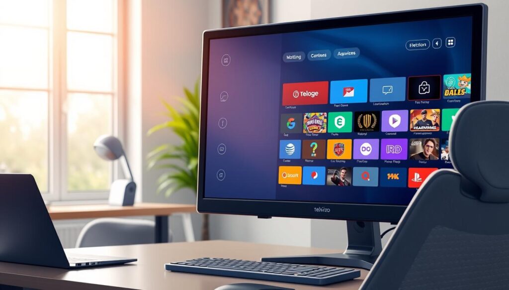A close-up view of a sleek, modern digital screen showcasing the Televizo Companion interface, designed for Windows/PC. The interface features vibrant icons representing various IPTV services and user-friendly navigation tools, highlighted by a soft, ambient glow. In the foreground, a well-organized desktop setup with a stylish laptop and a comfortable ergonomic chair, suggesting efficiency and comfort. The middle ground includes a subtle hint of a well-lit room, with a large window allowing natural sunlight to filter in, casting gentle shadows. The background displays a contemporary home office environment, reinforcing a productive atmosphere. The overall mood is professional yet inviting, reflecting the benefits of IPTV gaming with a focus on functionality and ease of use.