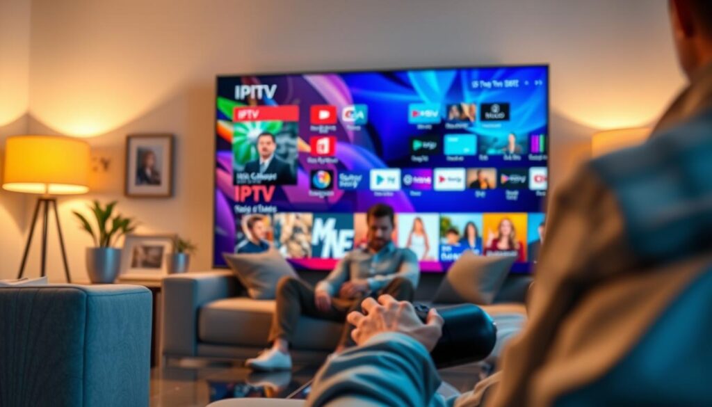 A close-up view of a smart TV displaying a vibrant IPTV player interface, showcasing various channels and streaming options in a modern living room setting. In the foreground, focus on the sleek smart TV with vivid colors and intricate graphics on the screen. The middle ground features a cozy sofa with a professional-looking person seated, casually dressed, intently navigating the IPTV options using a remote control. The background includes soft, ambient lighting emanating from stylish lamps, creating a warm and inviting atmosphere. The room has a contemporary design, with subtle decorations like picture frames and plants, enhancing the overall mood of modern technology integration in home entertainment. The perspective is slightly angled to emphasize the TV screen and the seated individual. A close-up view of a smart TV displaying a vibrant IPTV player interface, showcasing various channels and streaming options in a modern living room setting. In the foreground, focus on the sleek smart TV with vivid colors and intricate graphics on the screen. The middle ground features a cozy sofa with a professional-looking person seated, casually dressed, intently navigating the IPTV options using a remote control. The background includes soft, ambient lighting emanating from stylish lamps, creating a warm and inviting atmosphere. The room has a contemporary design, with subtle decorations like picture frames and plants, enhancing the overall mood of modern technology integration in home entertainment. The perspective is slightly angled to emphasize the TV screen and the seated individual.