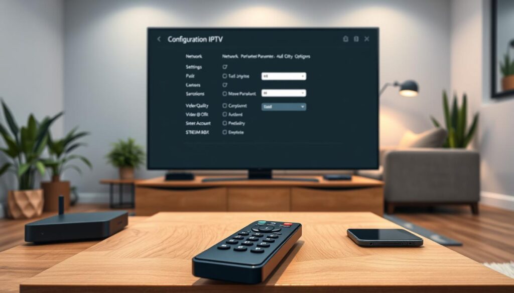 A close-up view of an IPTV application configuration screen displayed on a modern smart TV, showcasing various settings like network parameters, video quality options, and user accounts. In the foreground, a remote control is resting on a stylish wooden coffee table, with a few digital devices like a stream box and a smartphone nearby. The middle-ground features a sleek, minimalist living room setup, with soft ambient lighting creating a cozy atmosphere. In the background, a comfortable couch and decorative plants enhance the space's modern design. The overall mood should convey a sense of ease and accessibility, inviting the viewer to explore the IPTV setup options confidently. Use a soft focus effect on the background to emphasize the screen's intricate details. A close-up view of an IPTV application configuration screen displayed on a modern smart TV, showcasing various settings like network parameters, video quality options, and user accounts. In the foreground, a remote control is resting on a stylish wooden coffee table, with a few digital devices like a stream box and a smartphone nearby. The middle-ground features a sleek, minimalist living room setup, with soft ambient lighting creating a cozy atmosphere. In the background, a comfortable couch and decorative plants enhance the space's modern design. The overall mood should convey a sense of ease and accessibility, inviting the viewer to explore the IPTV setup options confidently. Use a soft focus effect on the background to emphasize the screen's intricate details.